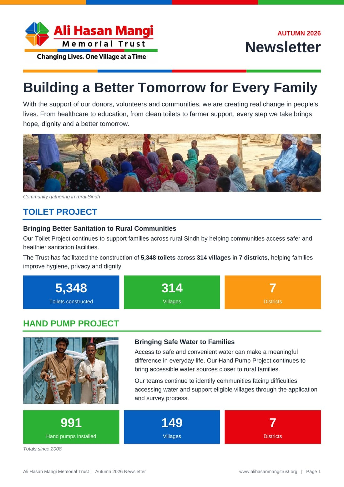 Autumn 2026 newsletter, page 1: Building a Better Tomorrow for Every Family. Toilet Project — 5,348 toilets constructed across 314 villages in 7 districts. Hand Pump Project — 991 hand pumps installed across 149 villages in 7 districts. Totals since 2008.