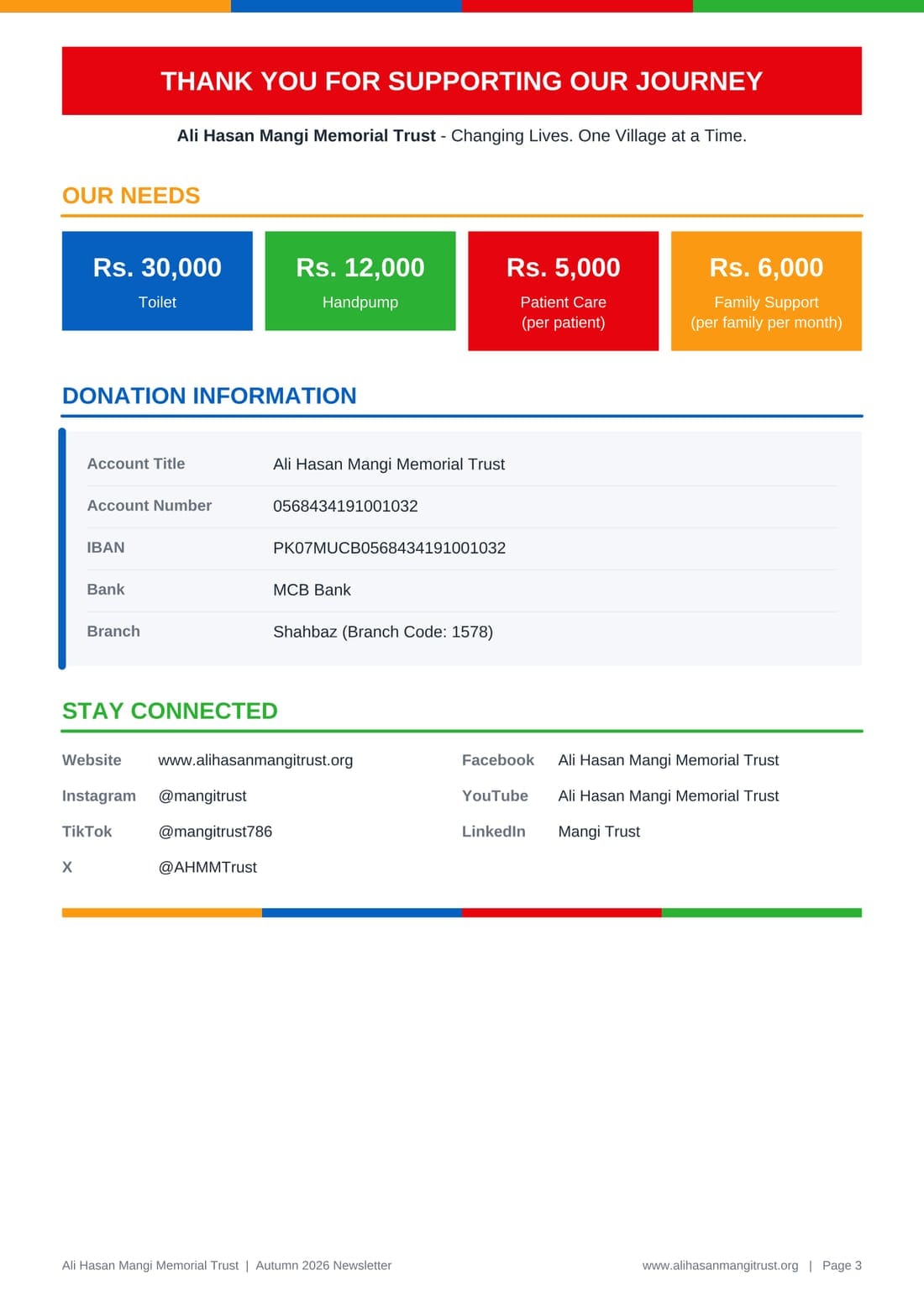 Autumn 2026 newsletter, page 3: Thank you for supporting our journey. Our needs — Rs. 30,000 per toilet, Rs. 12,000 per hand pump, Rs. 5,000 patient care per patient, Rs. 6,000 family support per family per month. Donation information and the Trust's social media accounts.